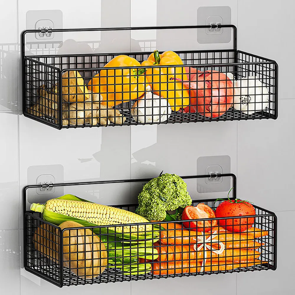 Decorative Wire Basket Black Metal Wall Storage Fruit Vegetable Snacks Organizer Mi24306