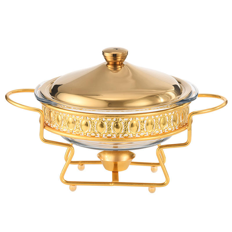 Golden Glass Buffet Dining Table with Alcohol Stove Hotel Food Heating Dry Hot Pot Container Buffet Chafing Dish