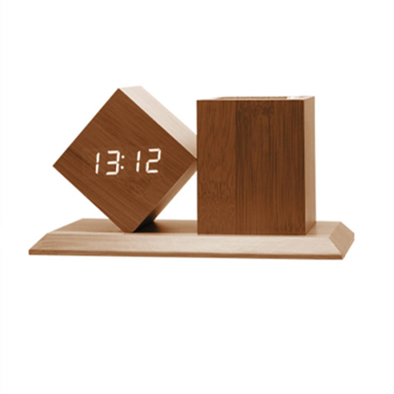 Temperature Display Triple Alarms Digital Wooden Desk Table LED Clock