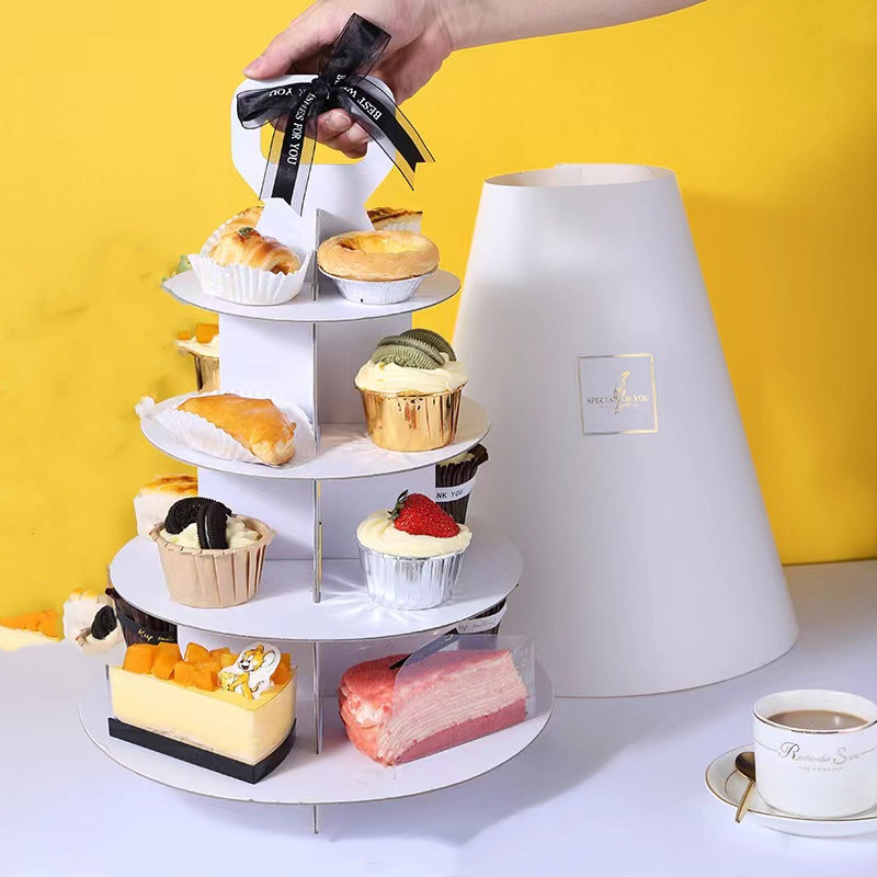 High Quality Round Paperboard 4 Layer Dessert Cake Cupcake Stand with Transparent and Paper Cover