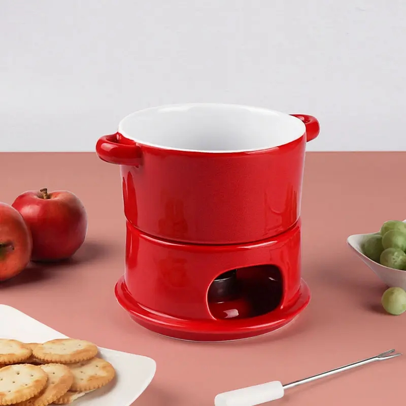Chinese Supplier Red Ceramic Chocolate Cheese Fondue Sets Pot