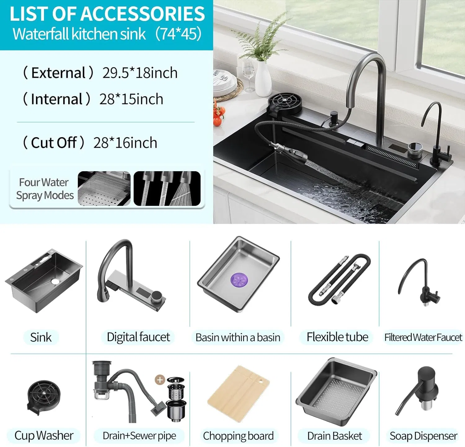 Shark Waterfall Two Button Dual Function Faucet Stainless Steel Handmade Kitchen Sink