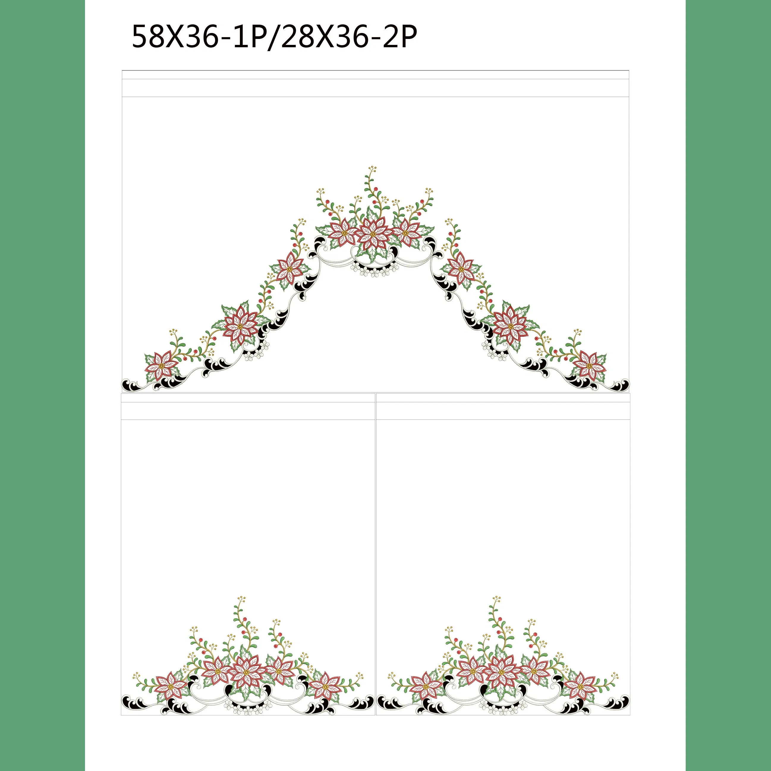 Christmas Flowers and Holly Embroidered Patchwork Kitchen Curtain