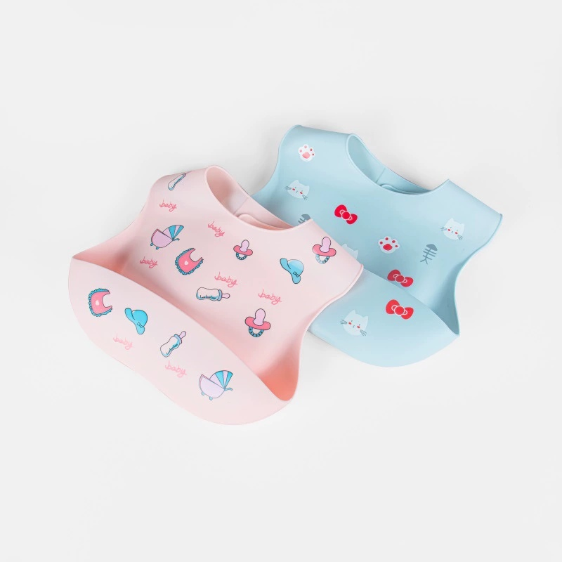 Adjustable Anti-Bacterial Children Feeding Training Set Custom Printed Cartoon Silicone Baby Bib