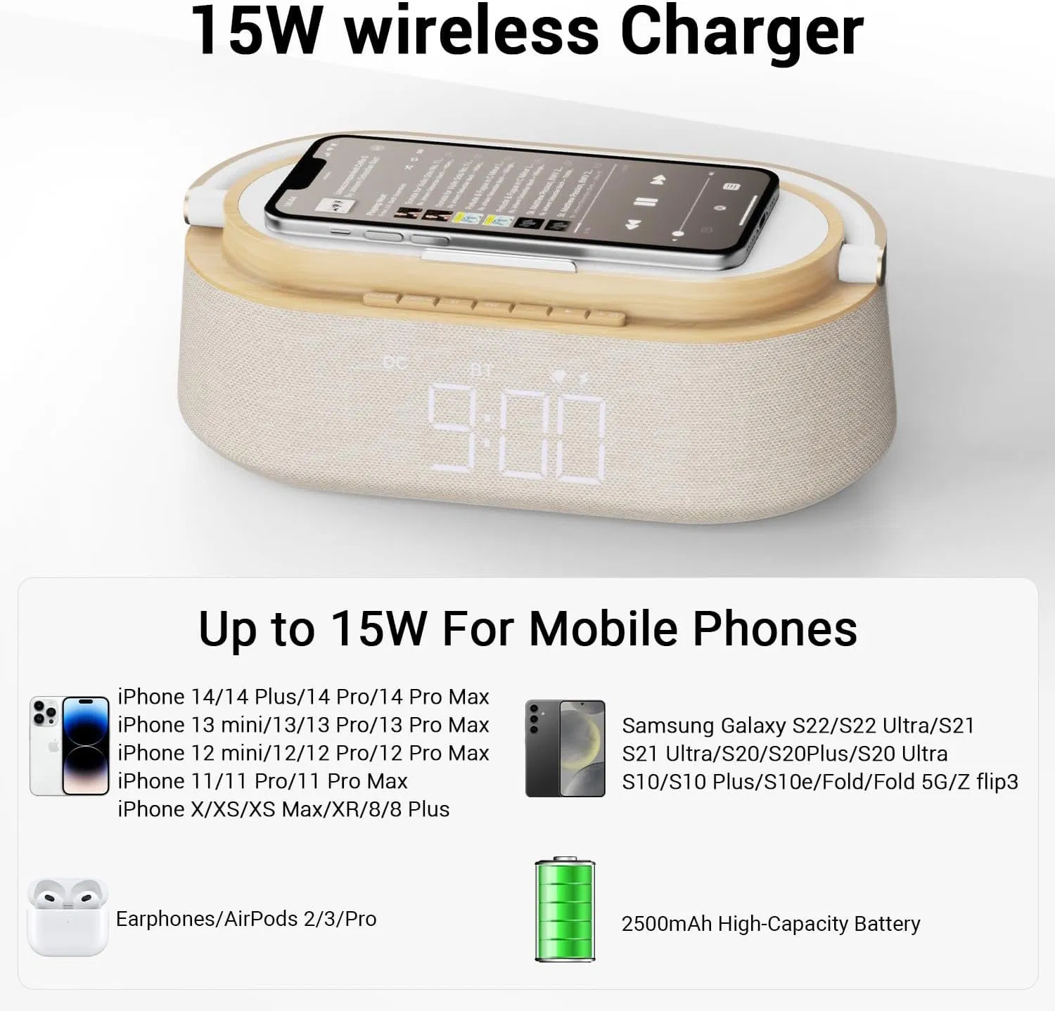 6 in 1 Bluetooth Speaker Alarm Clock with Wireless Charger LED Night Light with FM Radio