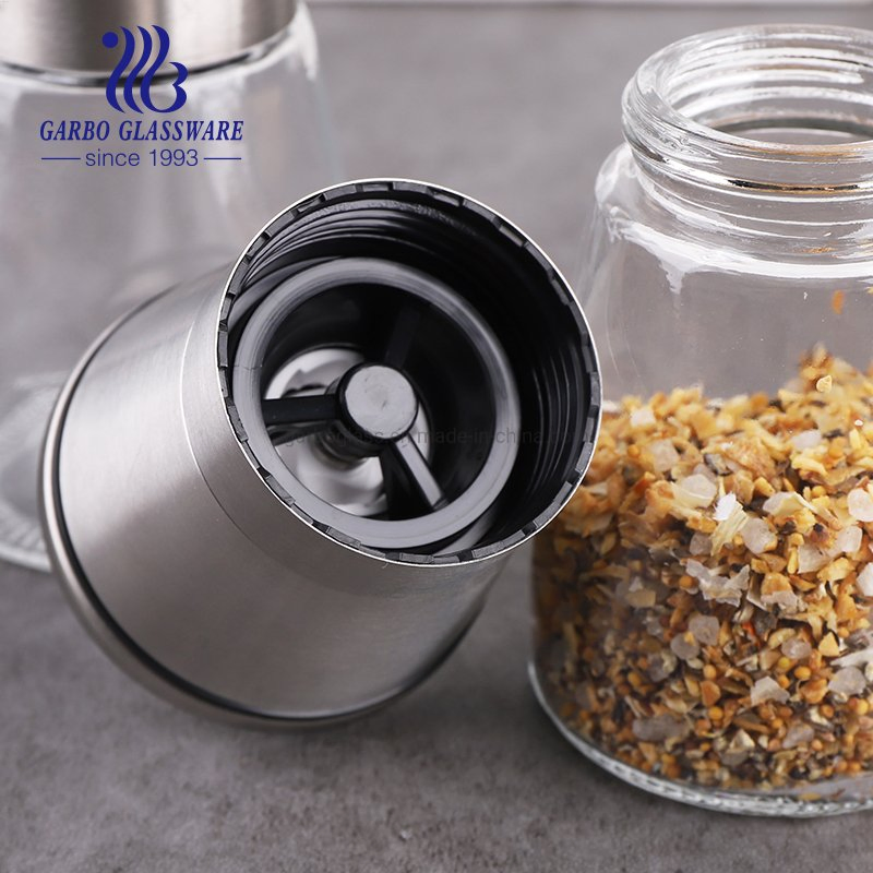 Refillable Glass Salt and Pepper Grinder Set of 2 Coarseness Adjustable Stainless Steel Salt and Pepper Mill Shakers Bottle with Lid 6 Oz