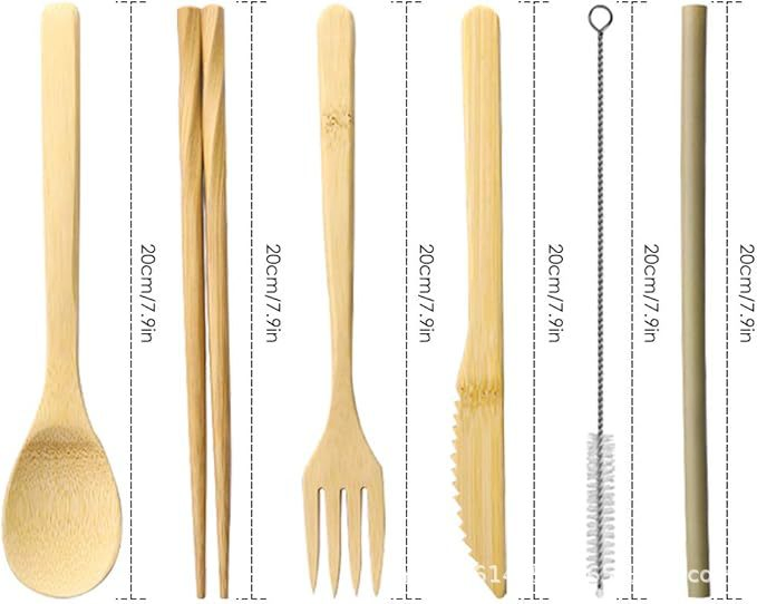 Bamboo Travel Cutlery Set Custom Printed Fabric Bag Reusable Chopstick Spoon Fork Knife Sustainable Flatware Set