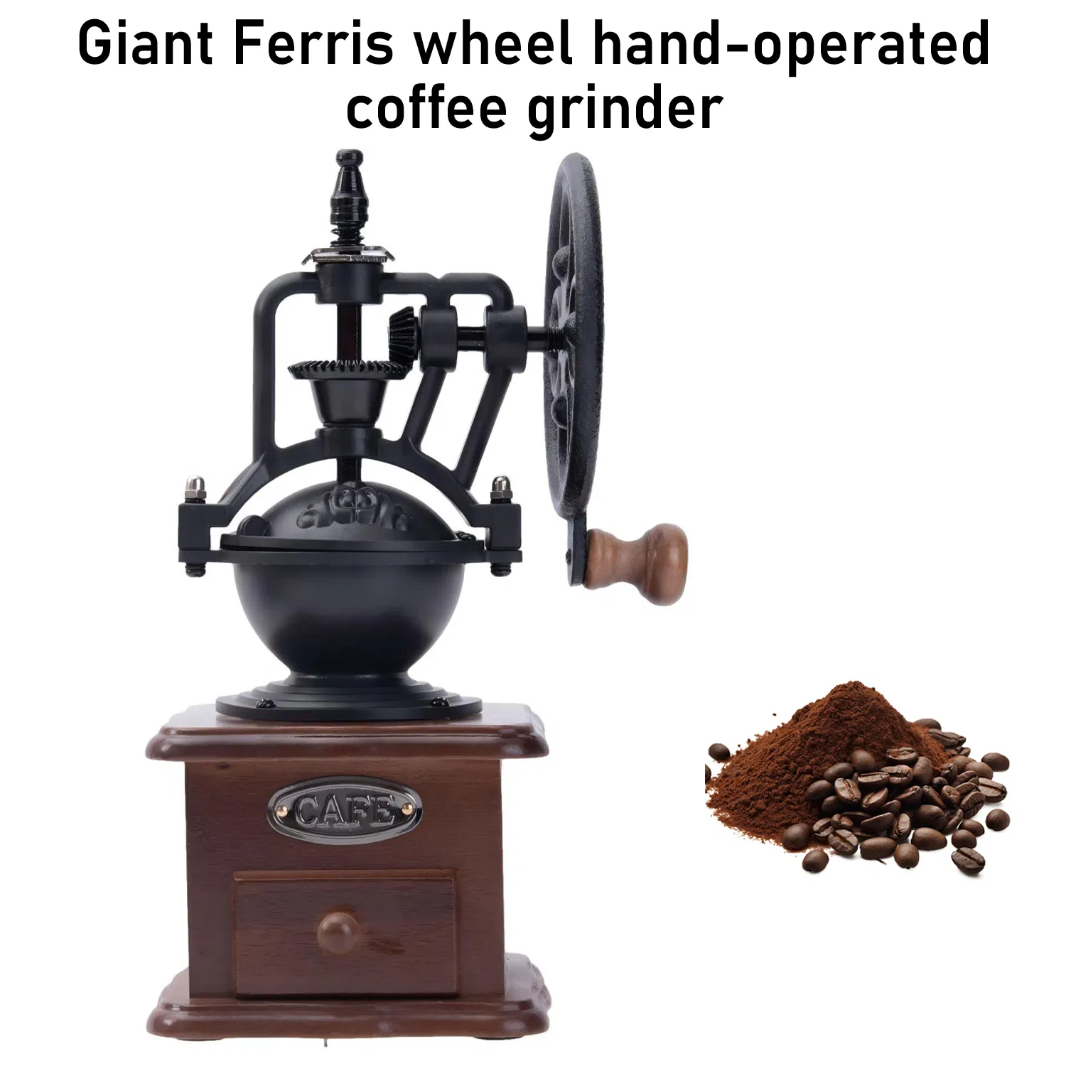 Ferris Wheel Coffee-Grinder Hand-Crank Metal Bean Bowl Drawer Trough Built in-Adjuster Wood-Mill