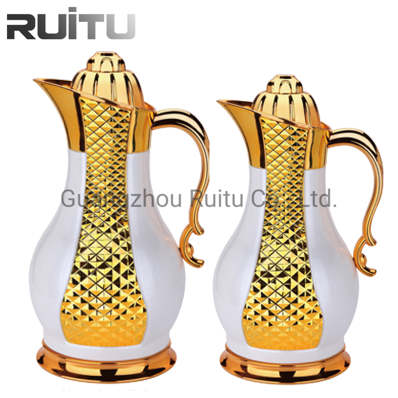 Ruitu Tea Pot Sets Black Gold Modern Saudi Arabian Thermos Coffee Flask Vacuum Pot Jug Metal Body Glass Insert Arabic Coffee Pot Dallah