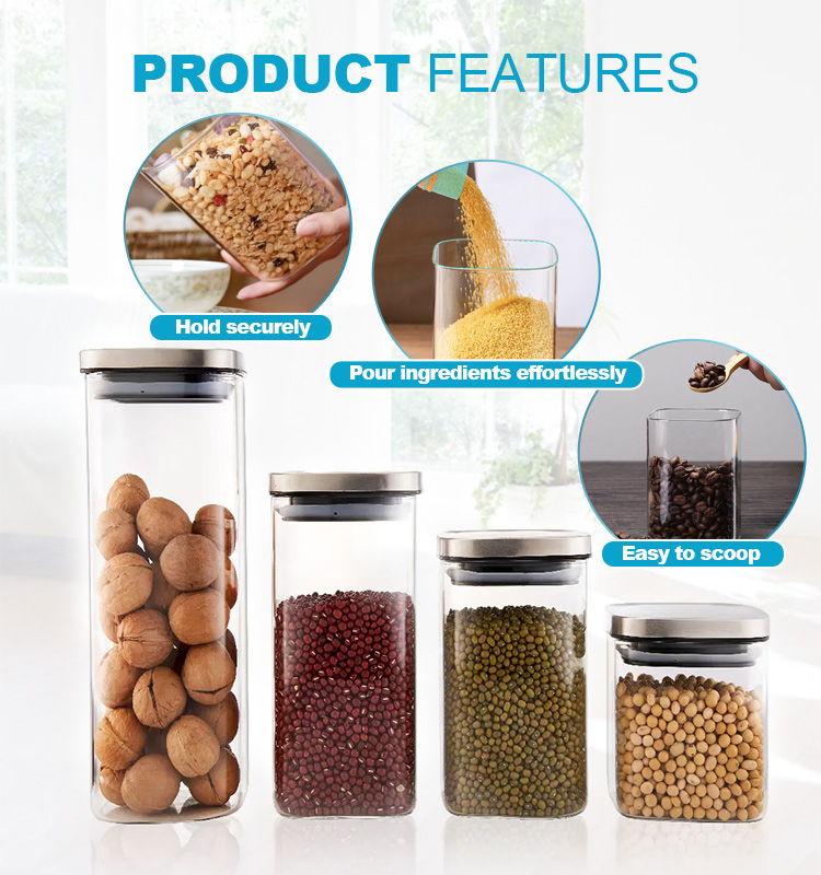 Elegant Square Glass Jar with Stainless Steel Lid for Food 1100ml