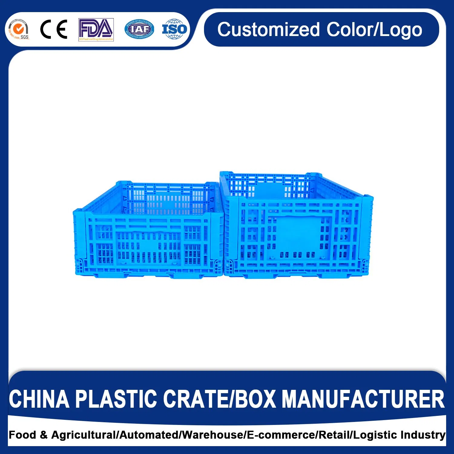 Factory Supply 600*400mm Polypropylene Folding Agriculture Vegetable Storage Food Collapsible Storage Food Box Vented Foldable Plastic Crate for Supermarket