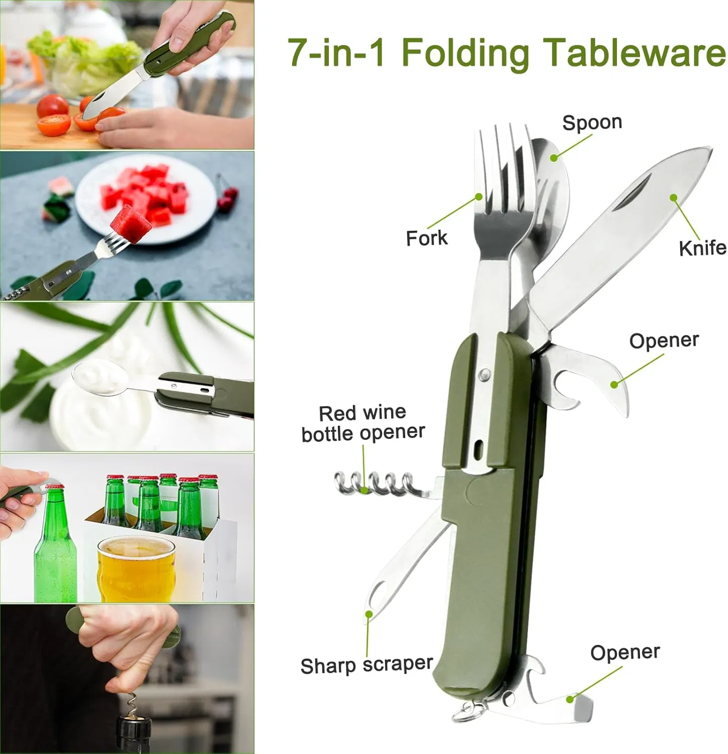 7-in-1 Camping Utensils Portable Stainless Steel Camping Fork Spoon Knife Set for Hiking Picnics