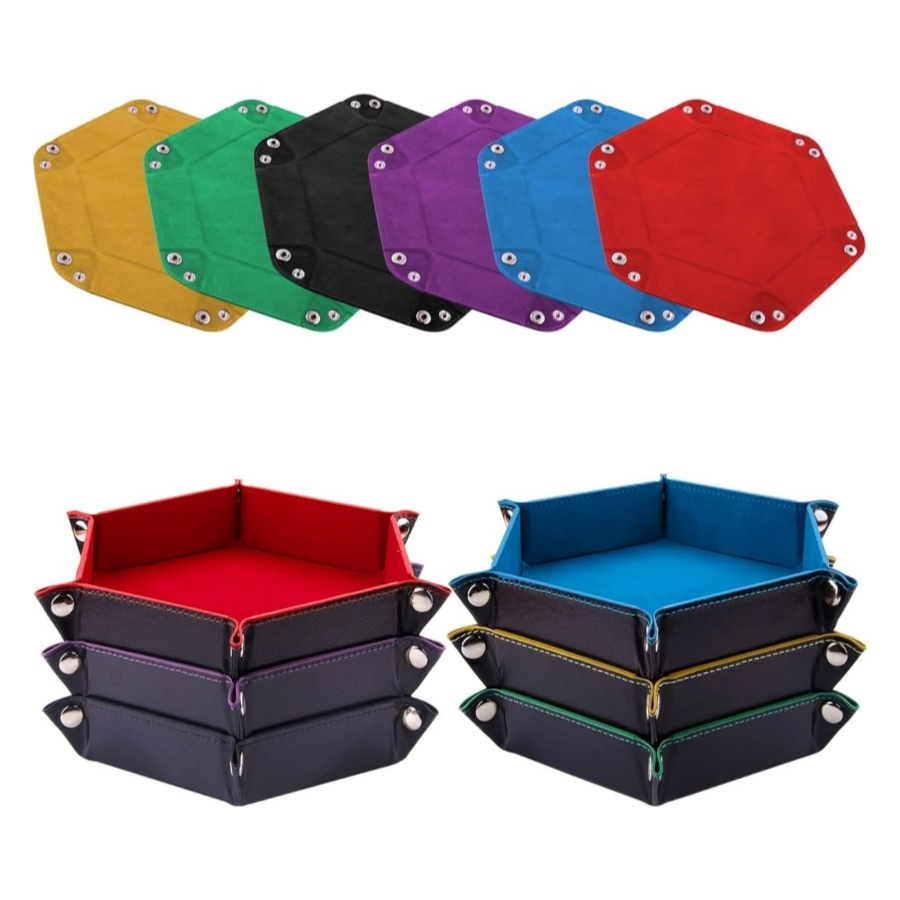 Custom Hexagon Desk Storage Tray Leather Folding Dice Tray with Velvet Lining