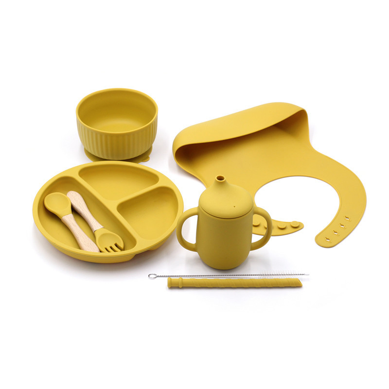 Silicone Baby Bib Cutlery Set Baby Silicone Bowl Cup Spoon Plate Bibs Silicone Baby Feeding Set