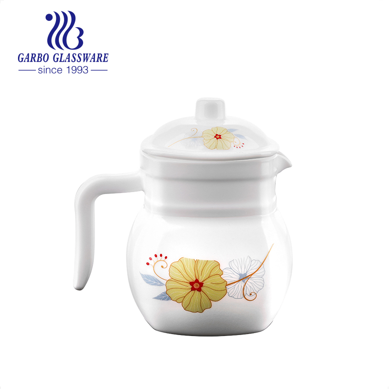 New Arrival Wholesale Daily Use White Opal Glass Teapot Vintage Flower Decor Coffee Kettle Heat Resistant Opal Glass Pitcher 1.5L