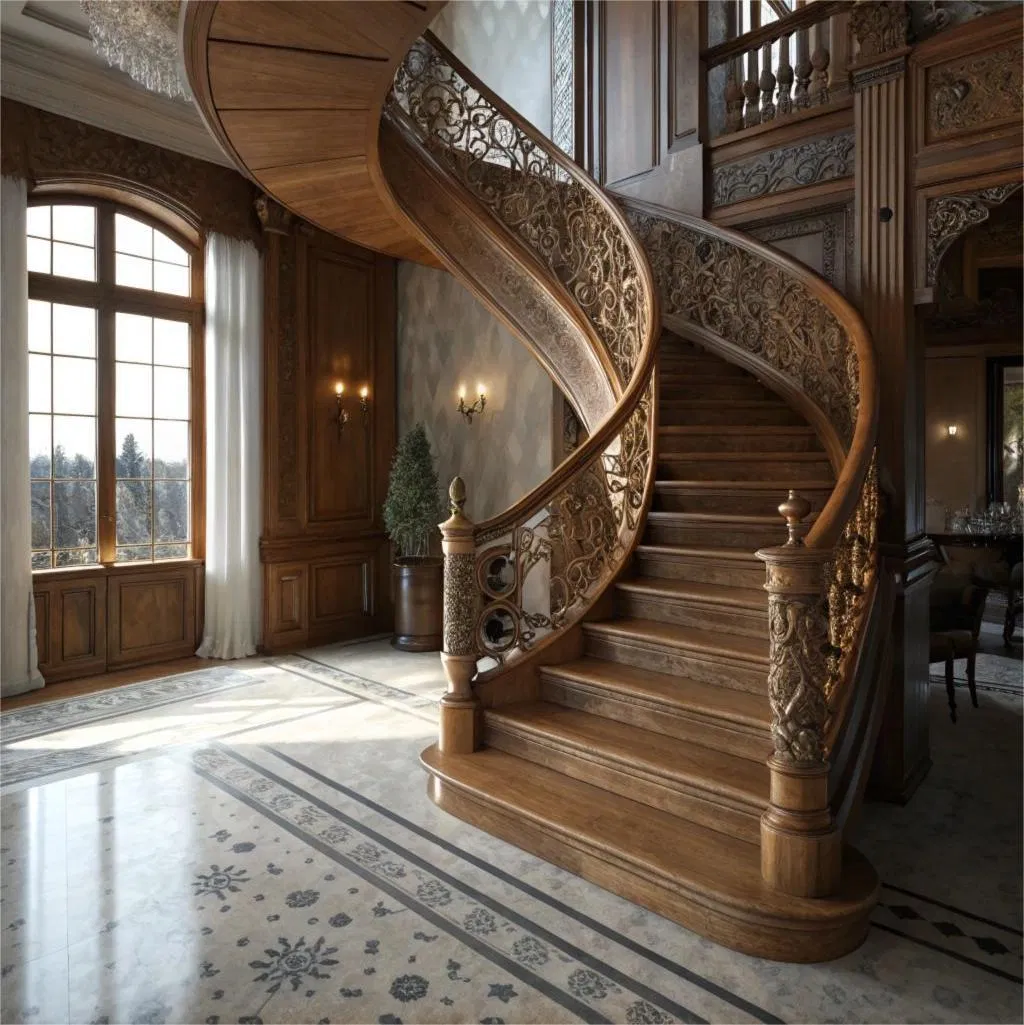 Custom Retro Design Vintage Curved Staircase with Handcrafted Wrought Iron Guardrail Solid Wood Steps