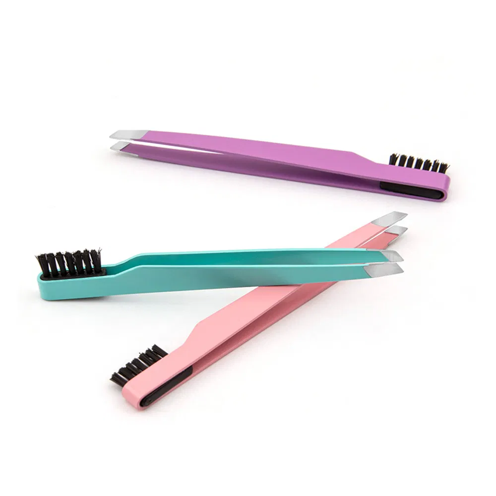 Stainless Steel Squared Eyebrow Eyelashes Tweezers Slanted Lashes Eyelash Tweezer with Nylon Brush