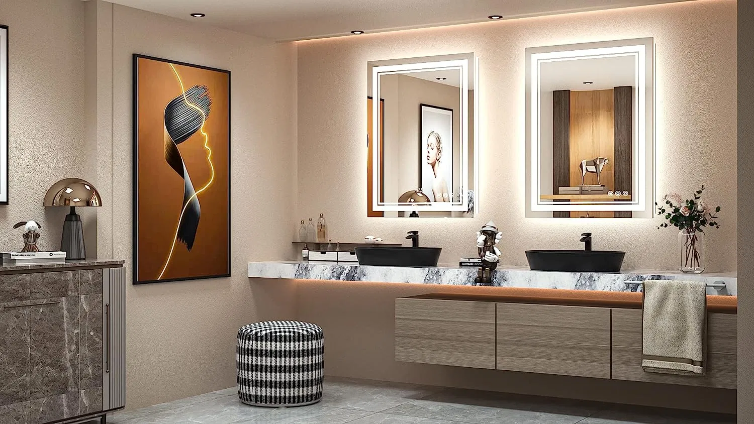 Bathroom LED Mirror Front Lighted Backlit Vanity Mirror with Double Light Strip 3 Colors CRI 90+ Anti-Fog Memory Funtion Wall Mount Make up Mirror