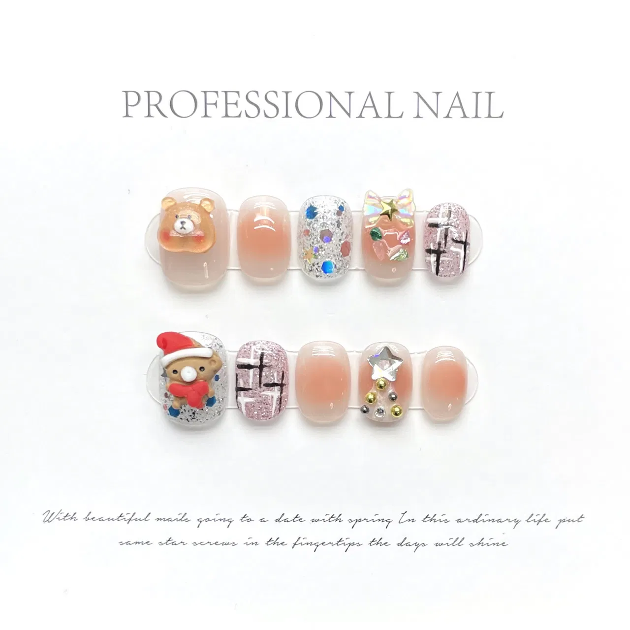 New Arrival OEM ODM Summer Beach Cotton Handmade False Nails Luxury Christmas Tree Glitter Bow Star Bear Coffin Ballerina Full Cover Custom Press on False Nails