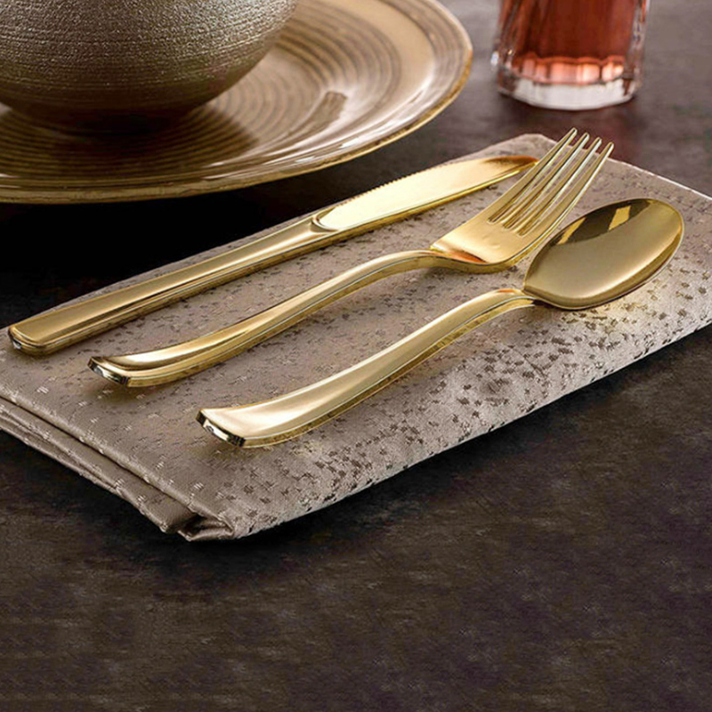 Disposable Flatware Silverware Gold Plastic Spoons Forks Cutlery Kit