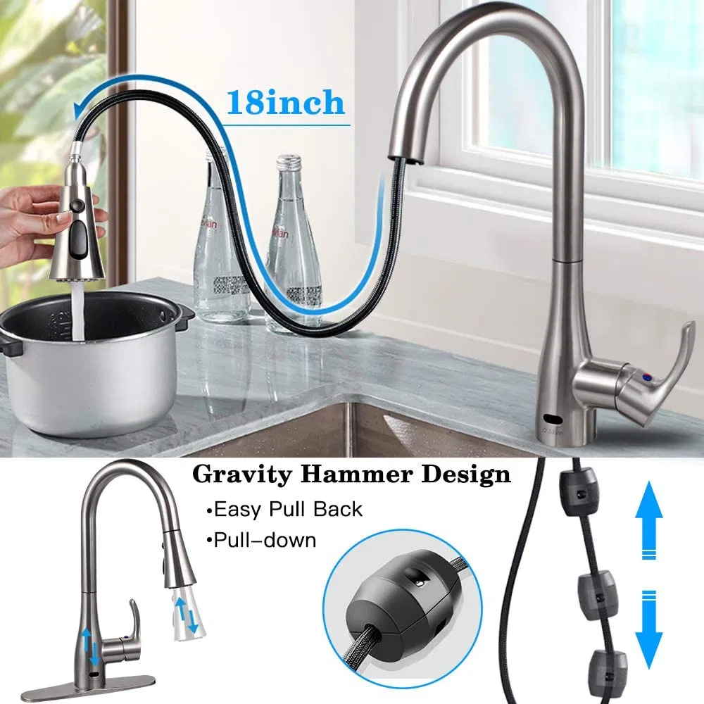 American Smart Automatic Touch Free Sensor Kitchen Water Tap Mixer Kitchen Sink Faucet with Flexible Pullout Pulldown Kitchen Sprayer
