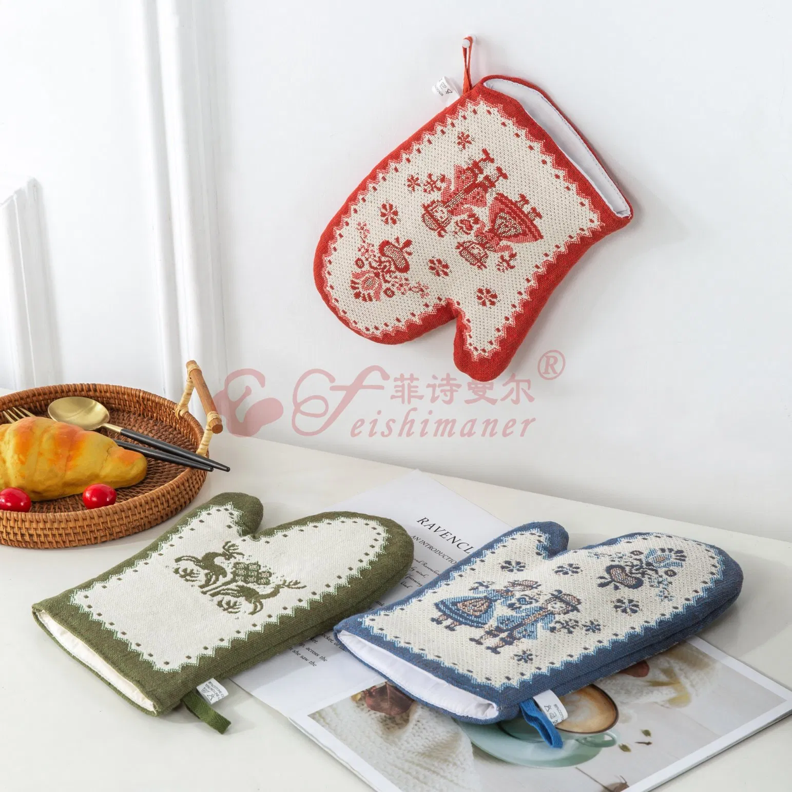 Custom Thicker Cotton Hemp Jacquard Oven Mitt Gloves for Baking Cooking Grilling