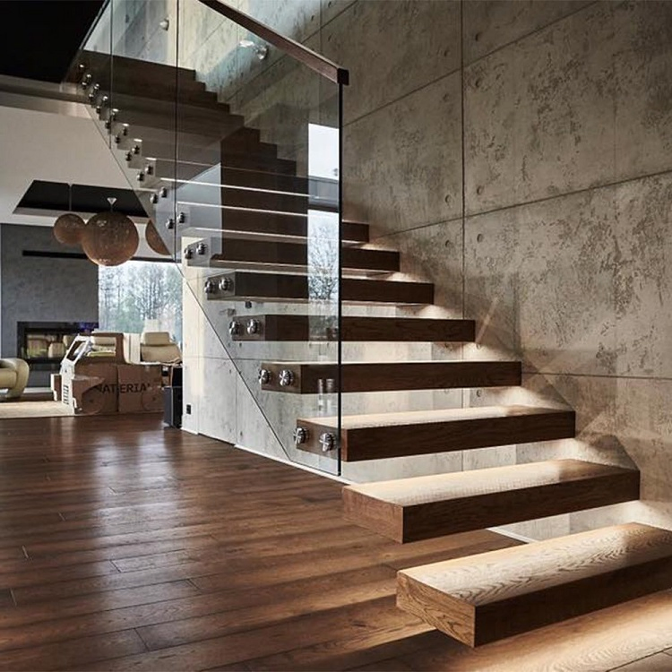 House Residential Steel Stringer Floating Straight Staircase with Glass Railing