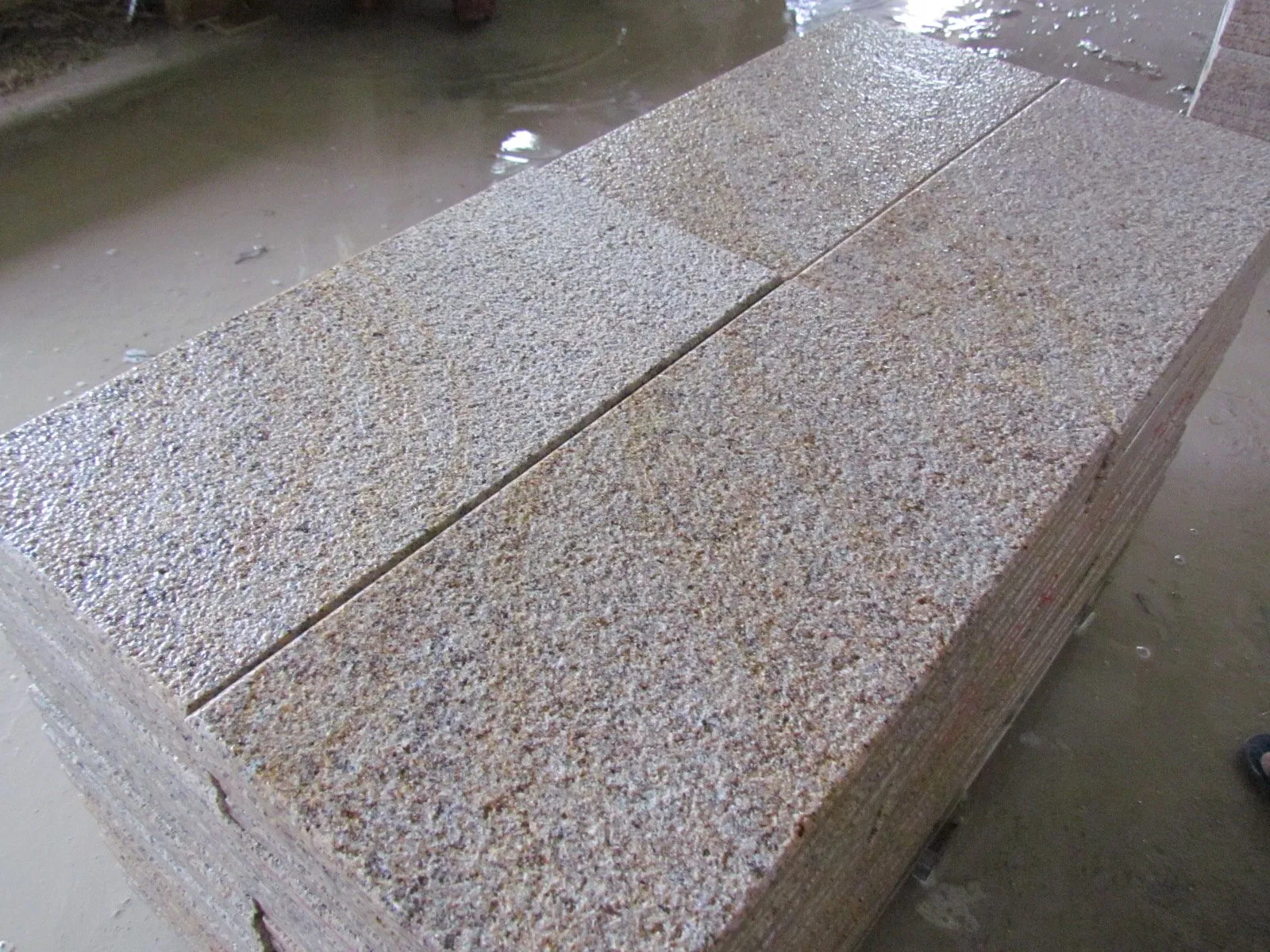 G682 Golden Sand Yellow/Rusty Granite Paving Stone with Bushhammered Flamed Saw Cut Surface