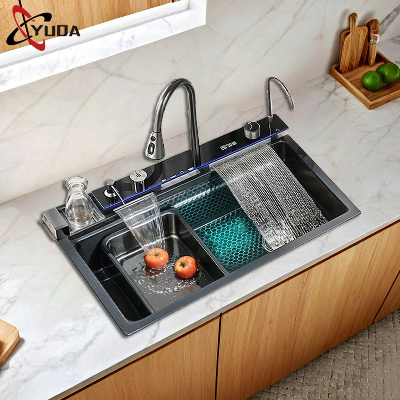 Modern Kitchen Sink 304 Stainless Steel Single Bowl Black Nano Smart Waterfall Sink Fregadero Cocina