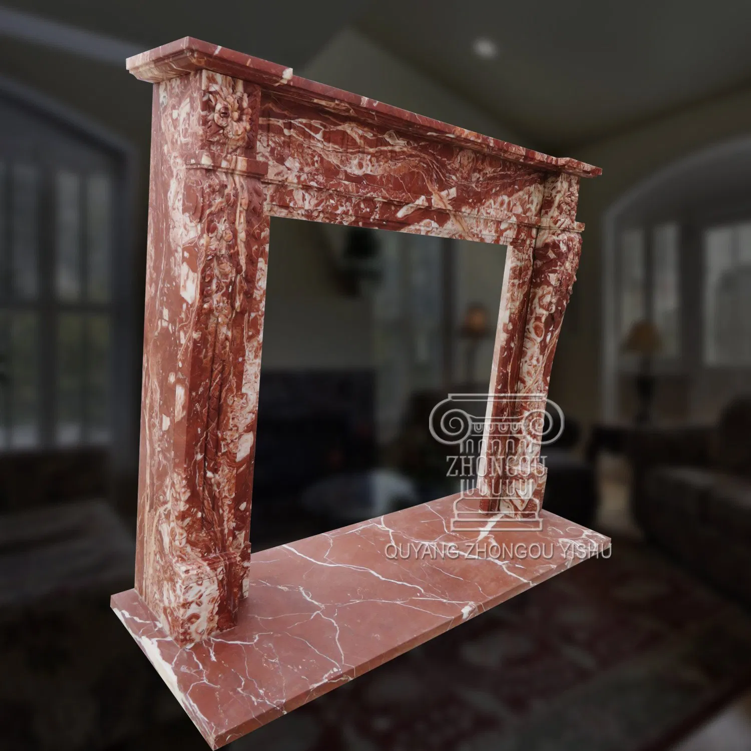 Beautiful Cock-Red Marble Carving Mantel Fireplace for Home Decoration
