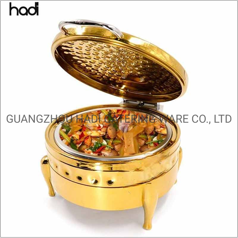 Restaurant Equipment Gold Plated Food Warmer Hot Pot Soup Luxury Golden Stainless Steel Hammered Soup Warmer Commercial Buffet Soup Station with Glass Top