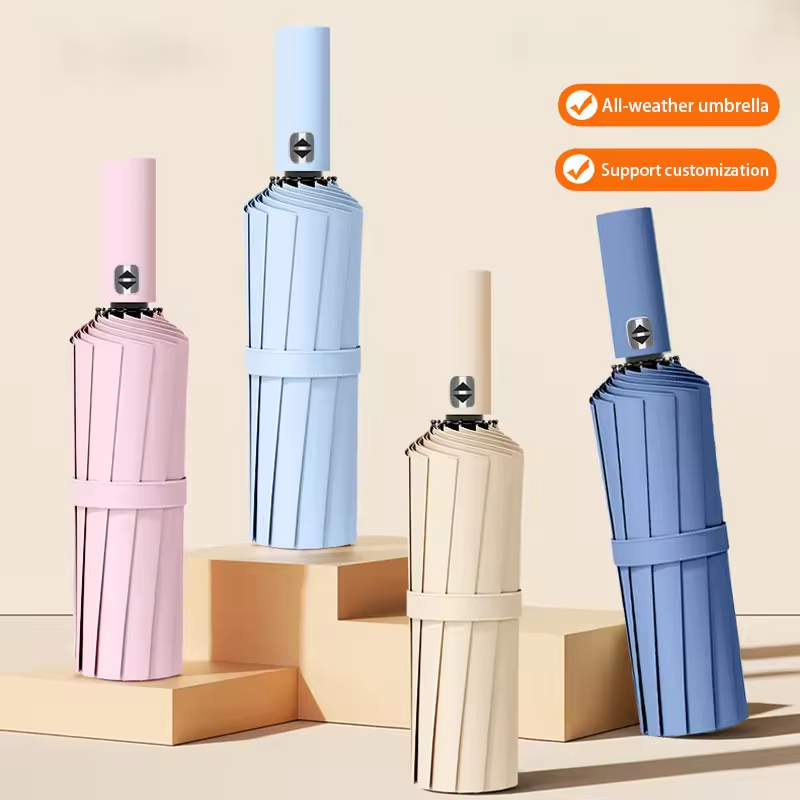 Best Selling Portable Windproof 3 Fold Umbrella 8 10 or 12 Ribs UV Protection Custom Logo Printing Easy Hang O Shape Handle