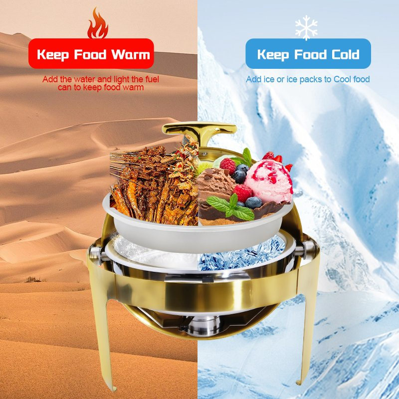 Daosheng Restaurant Supplies Wholesale Chafing Dishes Roll Top Serving Dish Buffet Stove 6 Liter Round Golden Chaffing Dishes