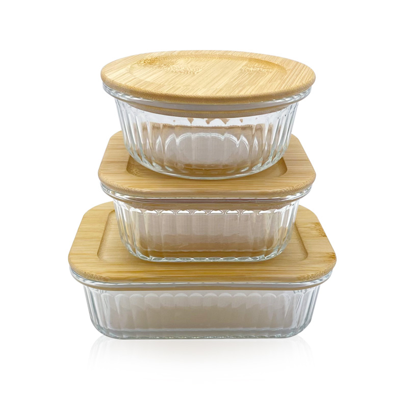 Modernist Stripe-Pattern Glass Food Keepers Containers, Bamboo Air-Tight Lid, Ultra-Clear, Lightweight Yet Sturdy, Perfect for Restaurants & Café S
