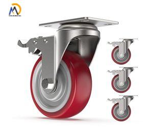 3/4/5 Inch Red Polyurethane Casters, Double Ball Bearing Swivel Casters with Brakes, Swivel Flatbed Trolley Caster Wheel