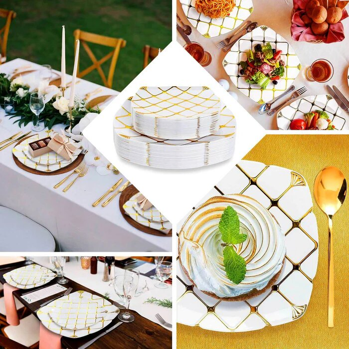 Elegant 7 Inch Square Dinner Plates with Gold Checkered Design