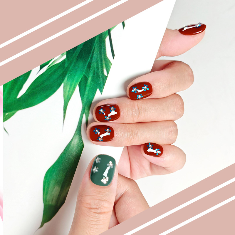 Glossy Brown Green Press-on Nails with 3D Floral Design