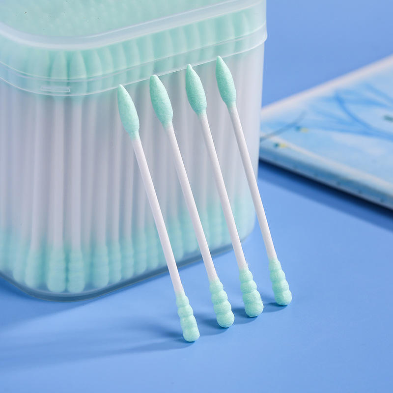 200 Pieces of Cotton Swabs with Green Cotton Tips Packed in a Frosted Square Box.