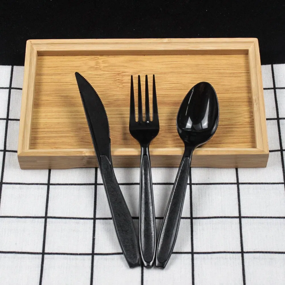 Disposable Plastic Cutlery 177mm Length PS Plastic Cutlery Set with Paper Towel Black Custom for Restaurant