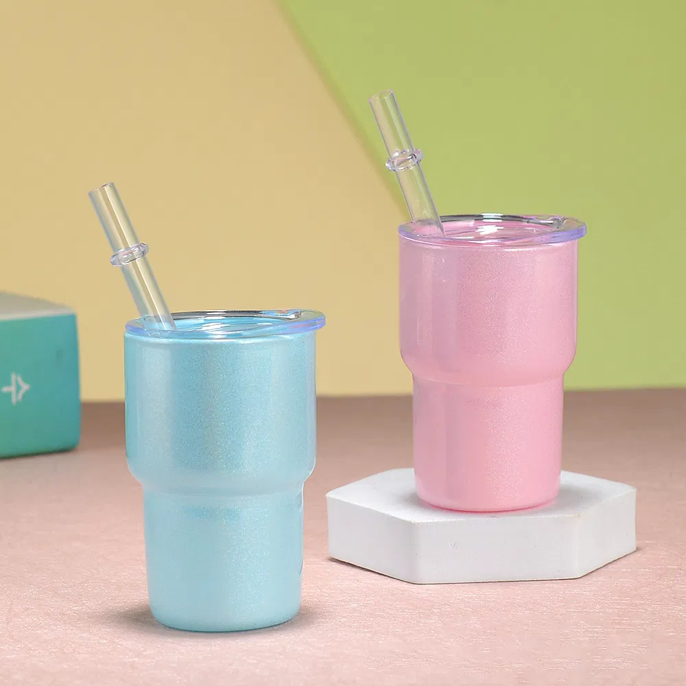 2oz 3oz Sublimation Glitter Shimmer White Shot Glass Cup Small Cute Mini Frosted Clear Glass Tumbler with Straw and Lids