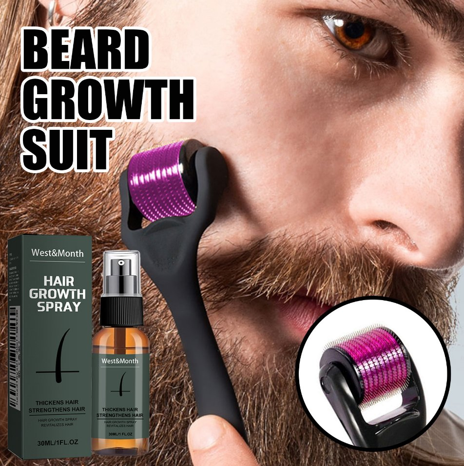 Portable and Convenient Scroll Wheel Equipped Safe and Effective Natural Thickening and Conditioning Beard Growth Kit Beard Roller and Beard Growth Serum Spray