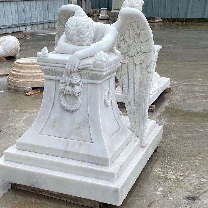 Cemetery Decoration Angel Carving Statue Moment Life Size Natural White Marble Crying Angel Statue Tombstone