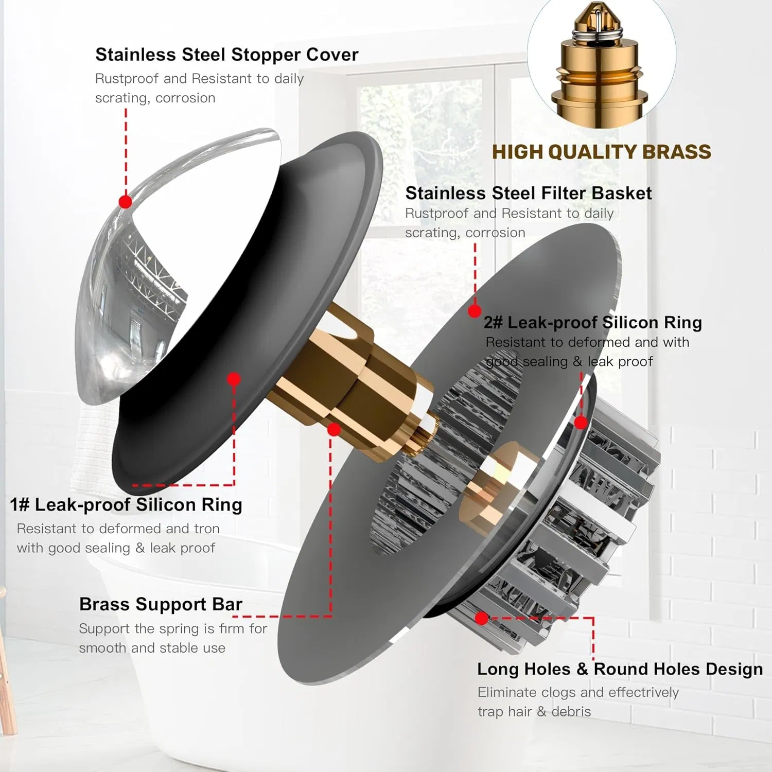 Bathtub Drain Stopper, Hair Catcher, Universal Bathtub Stopper, Bath Tub Plug, Pop-up Tub Stopper with Effective Filter Basket, Anti-Clogging Magic Drain for to