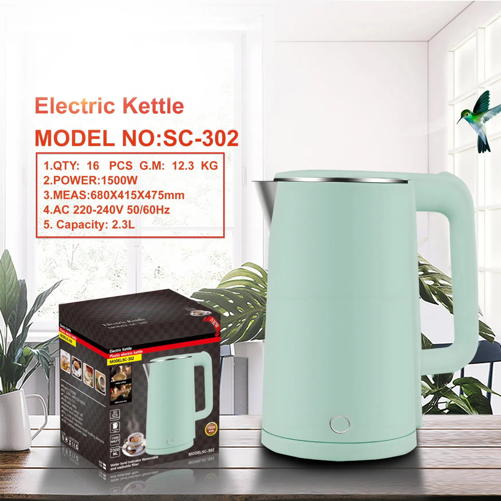 Sc-302 2.3L Portable Electric Water Kettle 1500W Stainless Steel for Home Kitchen Car Outdoor