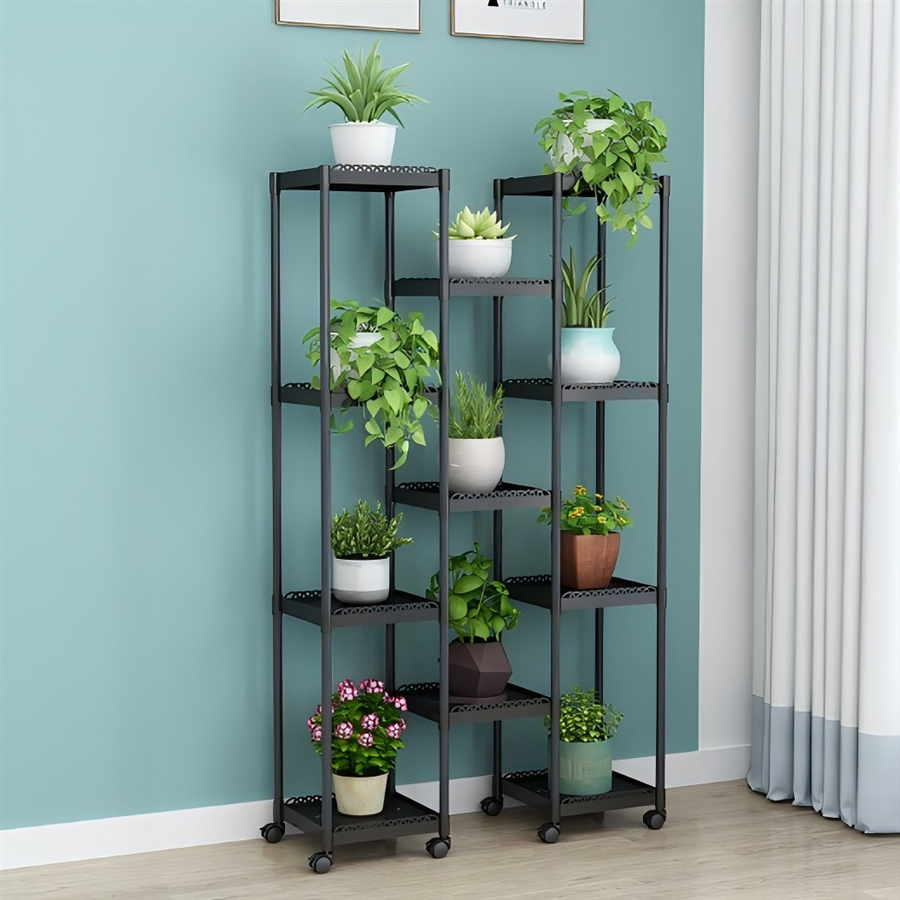 Space-Saving Multi-Tiered Iron Plant Shelf with Adjustable Layers for Small Areas