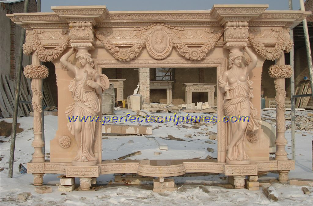 Luxury Sculpture Marble Carving Mantel Surround Fireplace with Carved Column Flower Female Statue (QY-LS136)