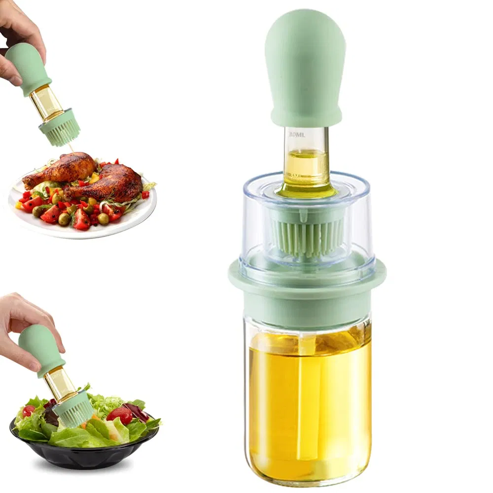 Upgraded 2 in 1 Glass Olive Oil Dispenser Bottle with Extended Silicone Basting Brush for Cooking
