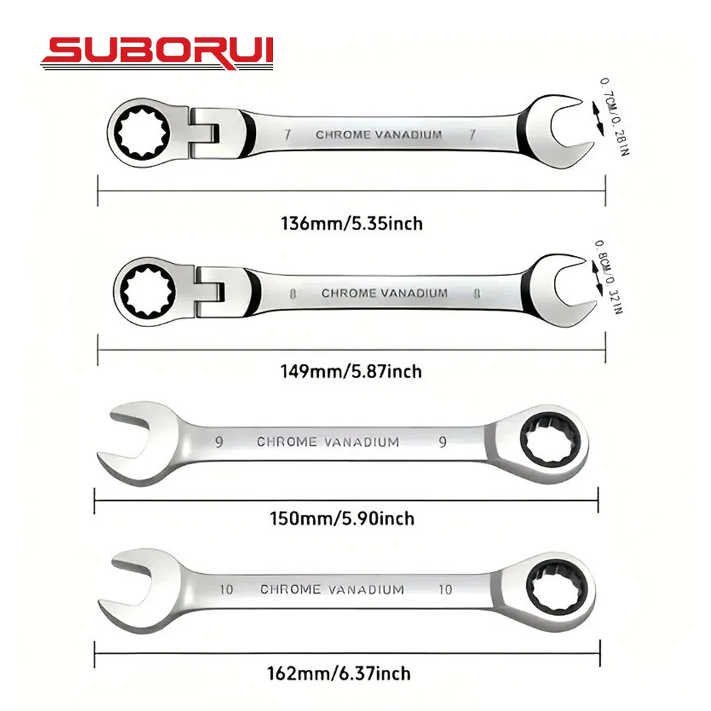 Suborui Movable Head Ratchet Combination Wrench Carbon Steel Flexible Spanner Hand Repair Tool