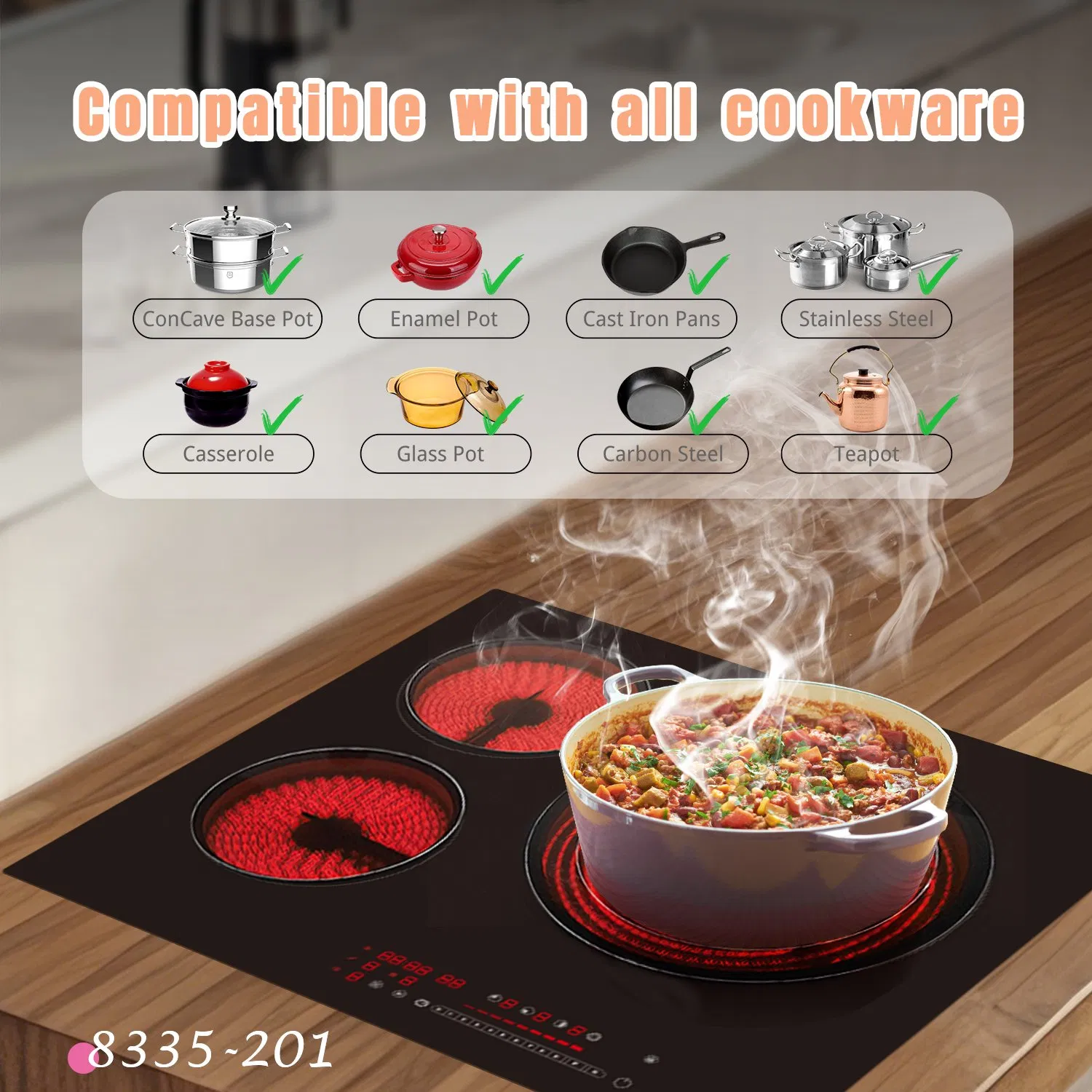 24 Inch Electric Cooktop, 3 Burner Built-in Radiant Stove Top, Stainless Steel Frame, Dual Zone Ceramic Glass Hob, Touch Slide Control, 9 Power Levels, Timer