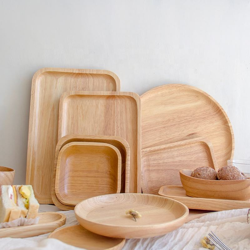 Eco-Friendly Food Tray Rubber Wood Square Plate Home Kitchen Different Sizes Natural Wooden Trayplates